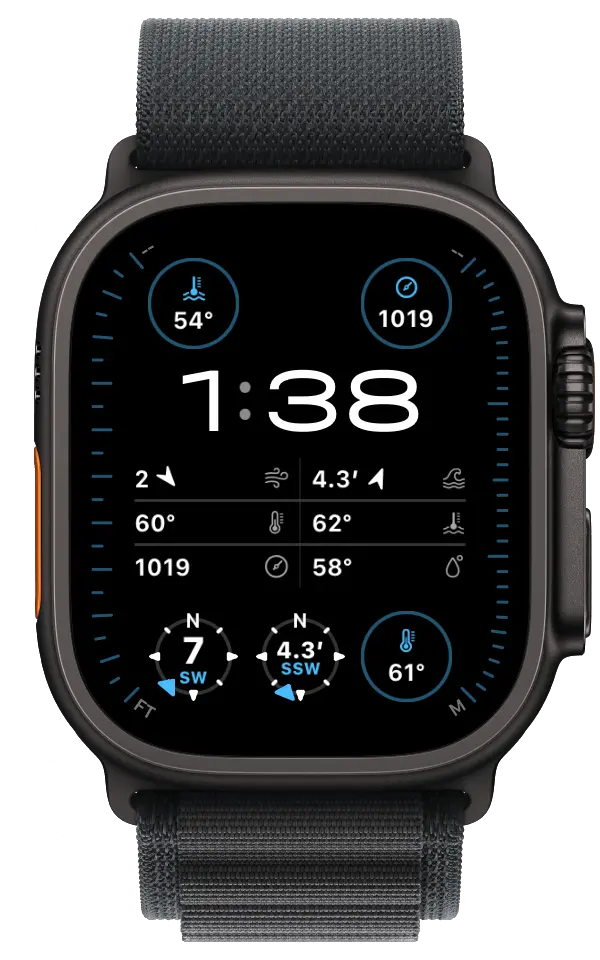 Apple Watch face filled with BuoyPro marine weather complications