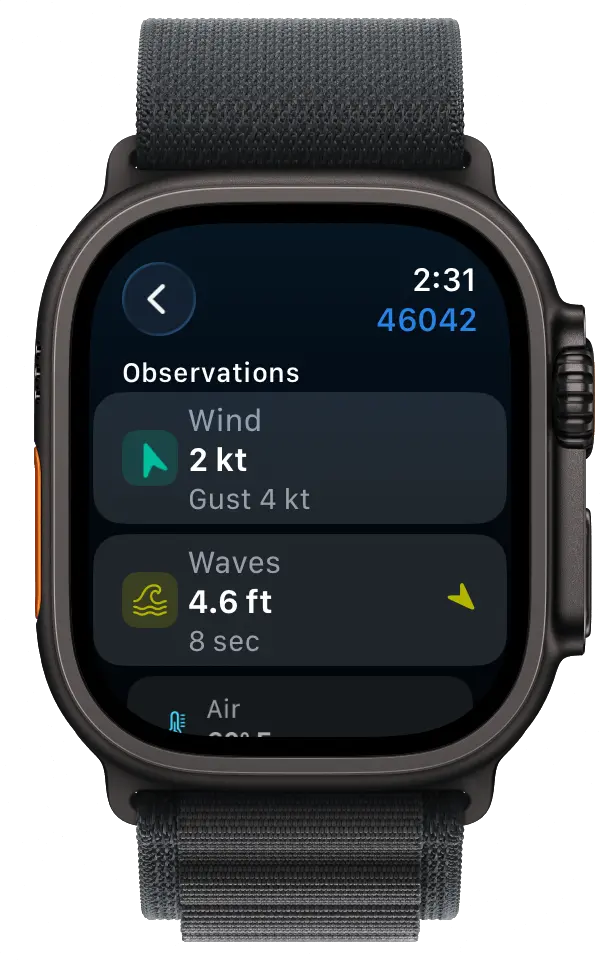 BuoyPro Apple Watch app showing buoy observations