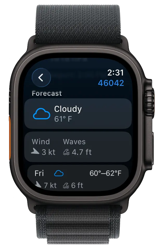 BuoyPro Apple Watch app showing a marine weather forecast