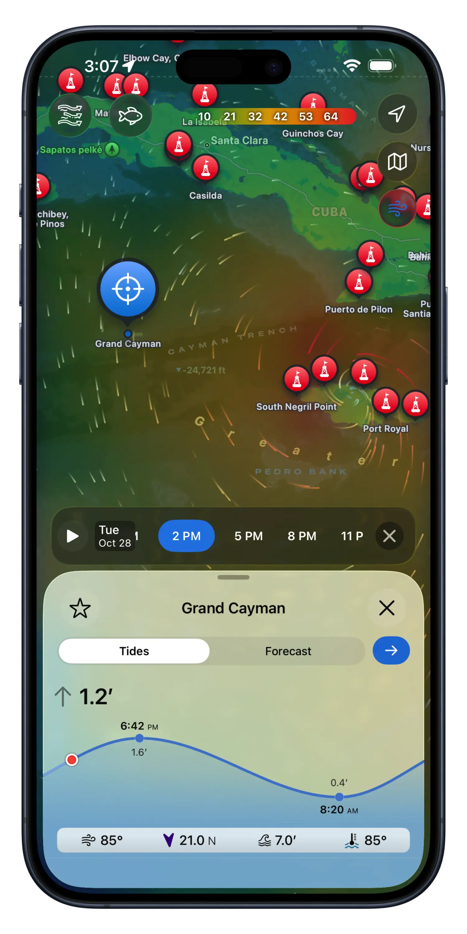 Screenshots of the maps tab in TidesPro showing a wind overlay and tide & marine weather for a tide station