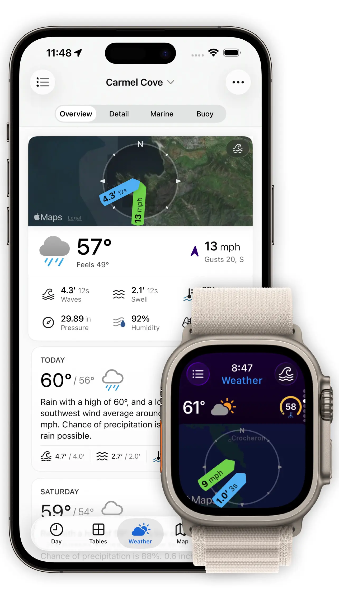 Screenshots of marine weather views on iPhone and Apple Watch in the TidesPro app